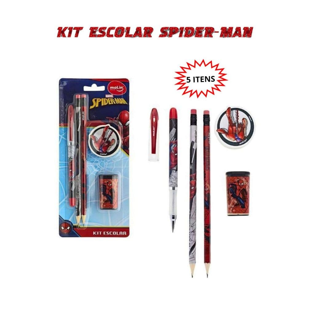 kit escolar infantil homem aranha,caneta,lápis,apontador,caneta e borracha.Voltas às aulas