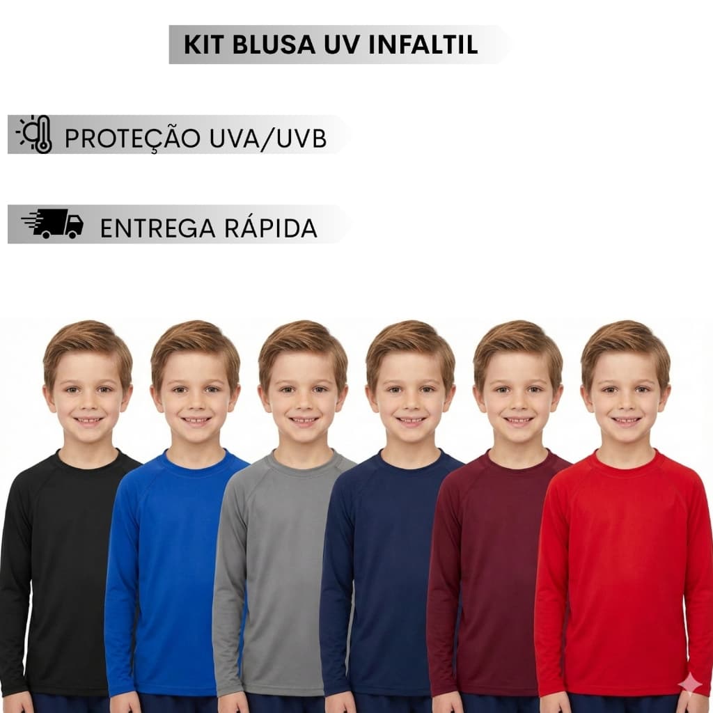 Kit 2/3 Camisetas Uv Infantil Blusa Termica Proteção Solar Verão Praia Manga Longa Cores Sortidas 2 a 8 anos