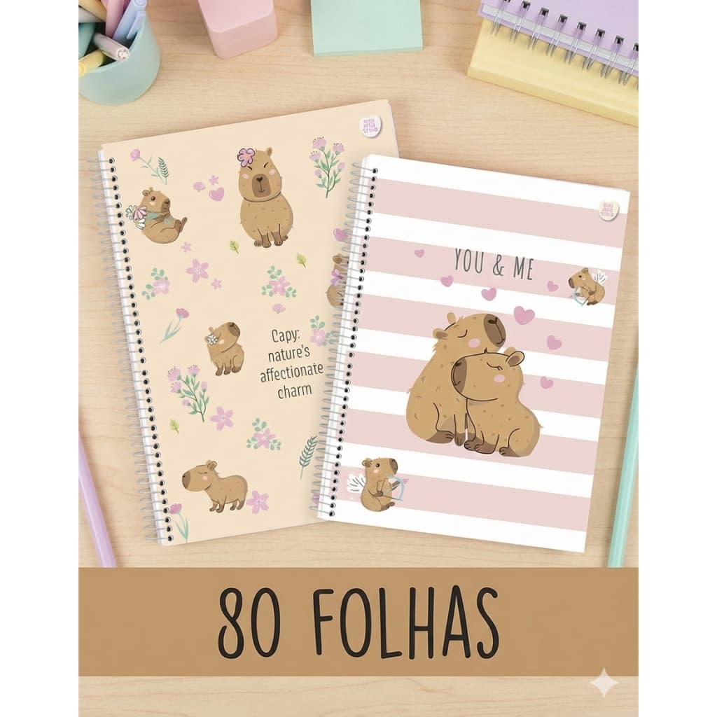 Caderno Capa Dura Capivara Cute Fofo + Adesivos e Libras 80 ou 160 Folhas Escolar Faculdade-Sortido