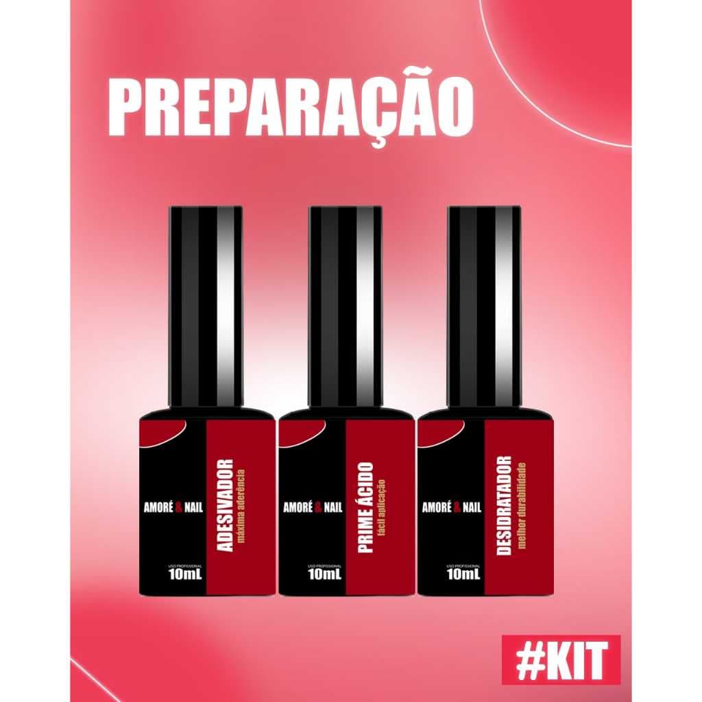 Kit 3 Preparadores Desidratador/ Adesivador/ Primer Ácido Alongamento De Unhas AMORÉ&NAIL 10ml