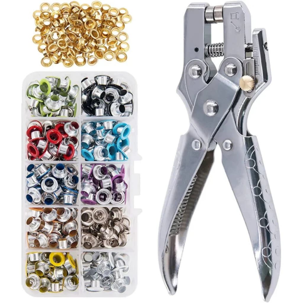 Alicate De Metal Furador e Aplicador Ilhós + 500 Ilhós Kit Estojo Vazador Pinça
