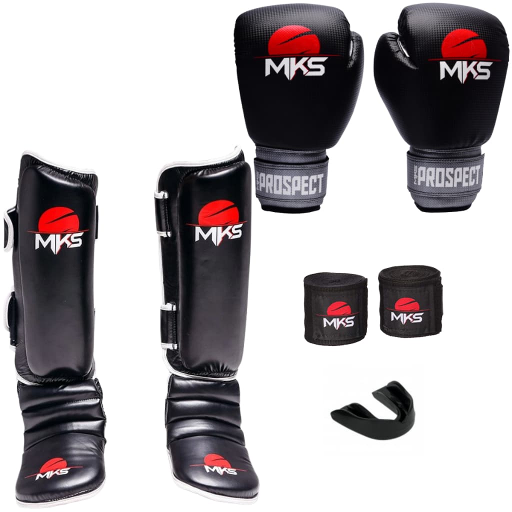 LUVA BOXE PROSPECT PRETO/PRATA + CANELEIRA MUAY THAI CLASSIC + BANDAGEM + PROTETOR BUCAL - MKS