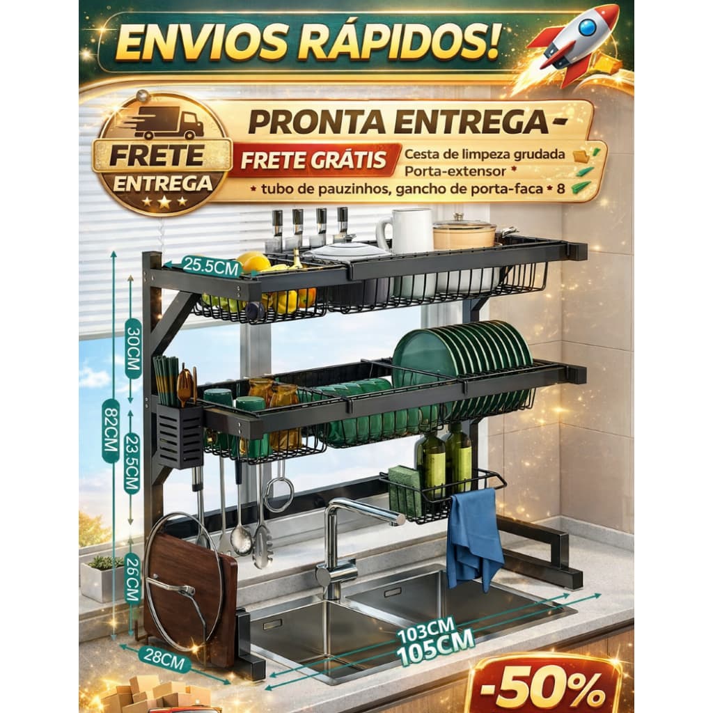Escorredor de louças metálico escorredor à prova escorredor multifuncional para pia Kitchen Rack Aço Organizador