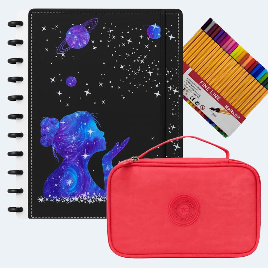 Kit Material Escolar com Estojo box 100 Pens Caderno de Disco Inteligente e Kit Caneta Fineline