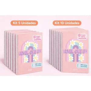 kIT CADERNOS COM 3, 5 OU 10 UND UNIVERSITÁRIO FEMININO CAPA DURA NEVER GIVE UP – 80 fOLHAS