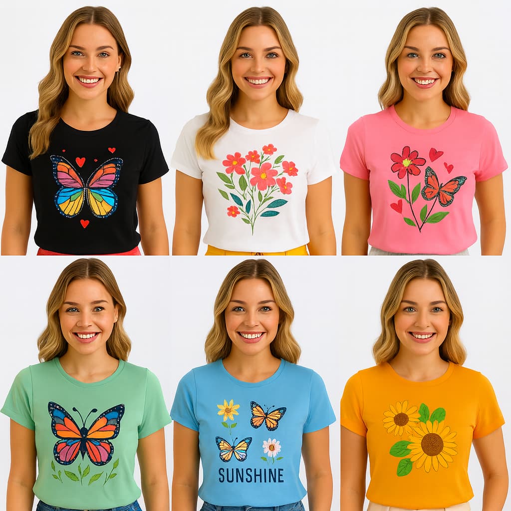 Kit Sortido 1 ou 5 Camiseta Feminina Moda Casual Algodão Confortável Básica Dia a Dia Promoção Blusa Feminina