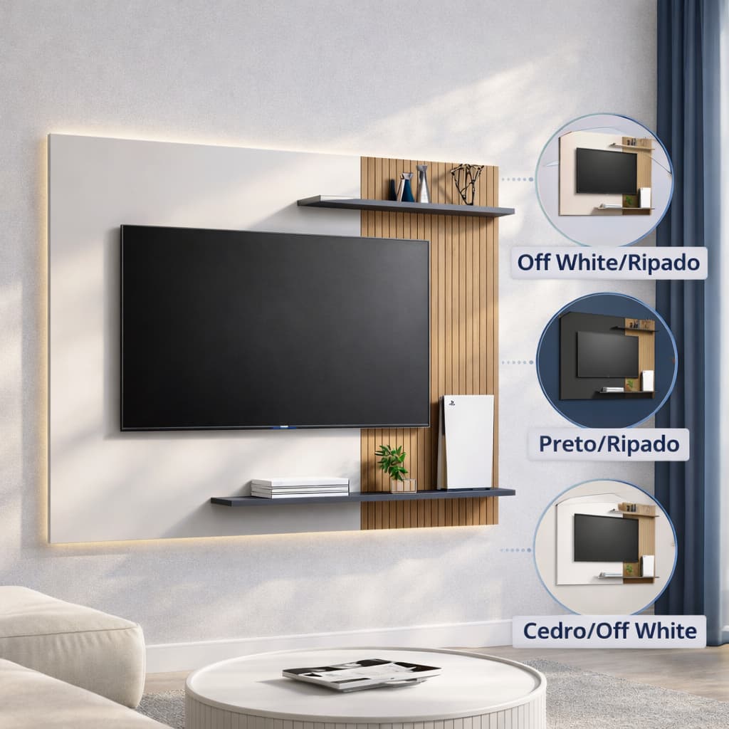 **LANÇAMENTO** Painel Suspenso Para TV até 50 Polegadas Para Sala ou Quarto Com Prateleiras Modelo Menfis - GAMA MÓVEIS