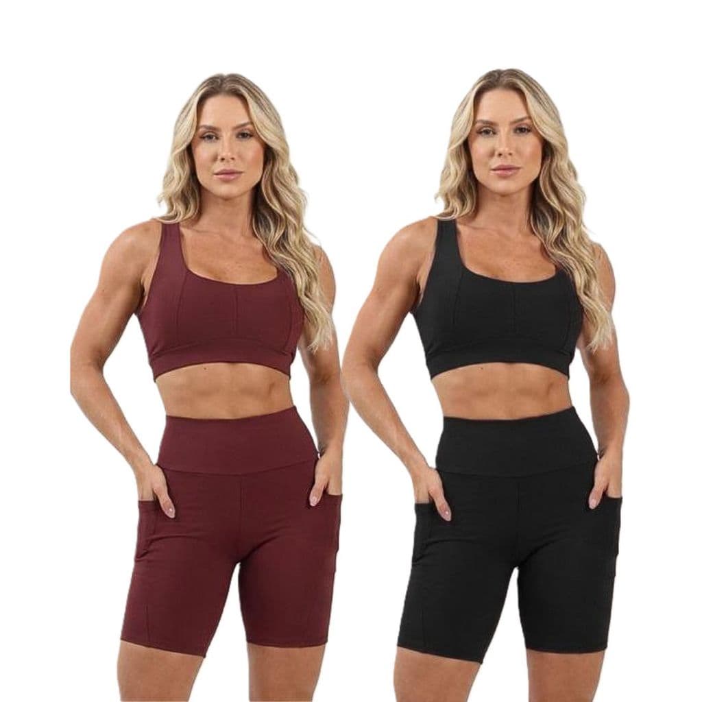 Conjunto Fitness Feminino Top e Short Com Bolso Sports Treino Perfeito Tecido Premium M ao G1