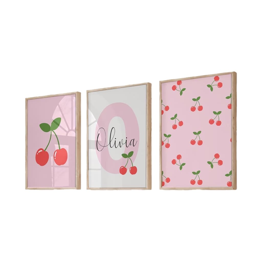 Quadro Decorativo Cerejas Rosa para Quarto de Bebé Nome Personalizado Infantil 3 Peças