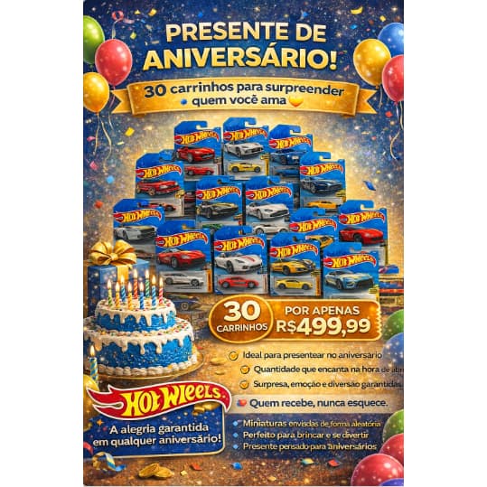 Presente de Aniversário que Impressiona 🎉 30 Carrinhos  | R 499,99 - Feliz aniversário