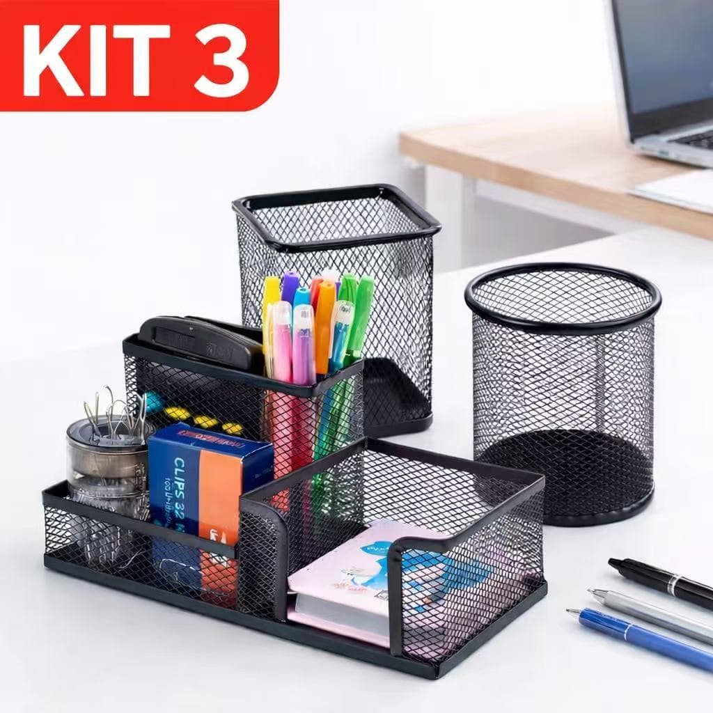 Porta-Caneta Organizador de Mesa em Metal Aramado com Divisórias Multiuso para Escritório