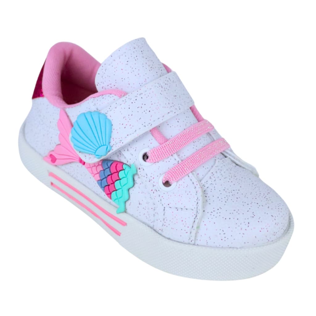 Tênis de Meninas com elastico Infantil Branco Sereia e concha