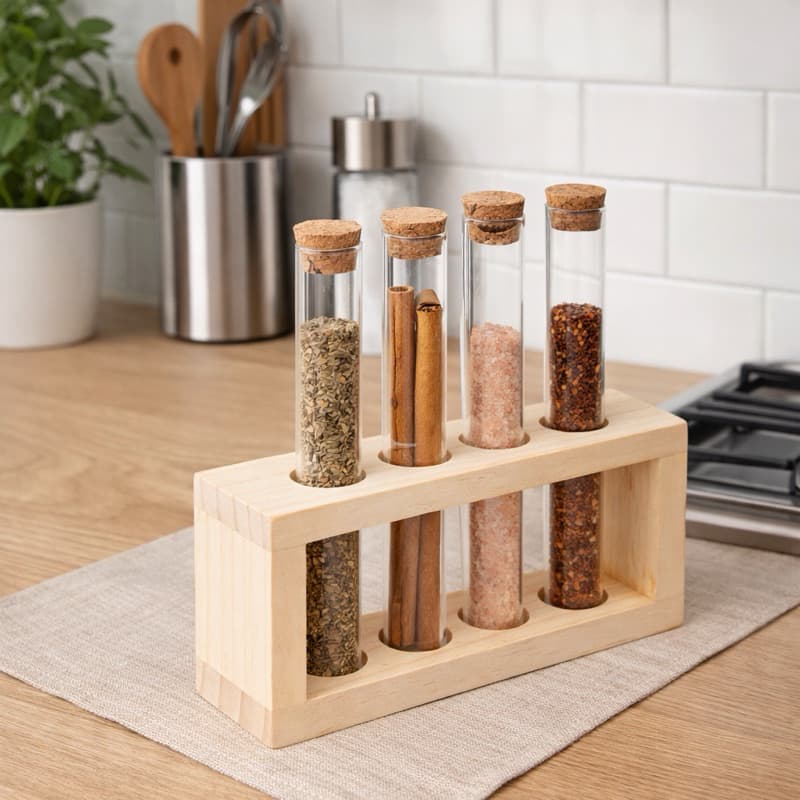 Conjunto Porta Temperos Vidro Borossilicato 4 Potes 130ml com Rolha Cortiça e Base MDF