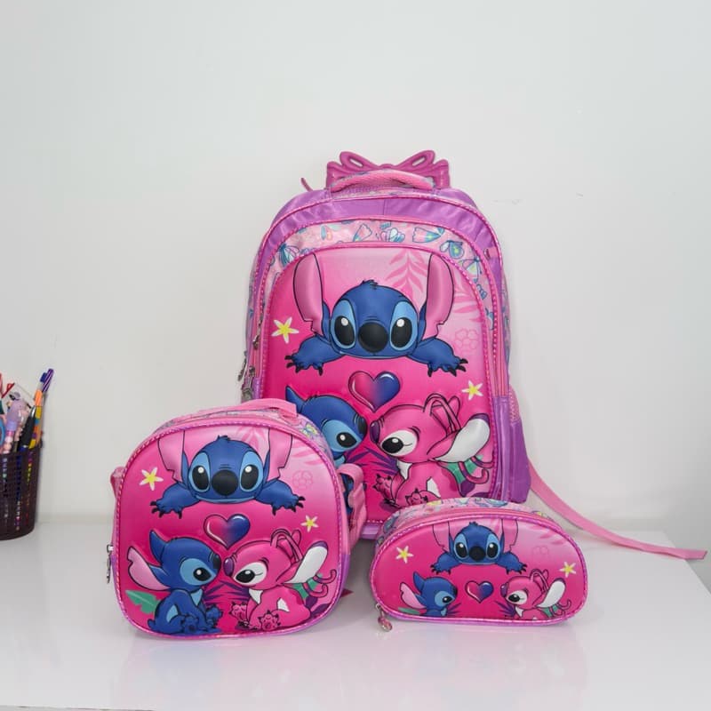 Mochila Escolar de rodinha Stitch + Lancheira TÉRMICA + Estojo 3D alto relevo