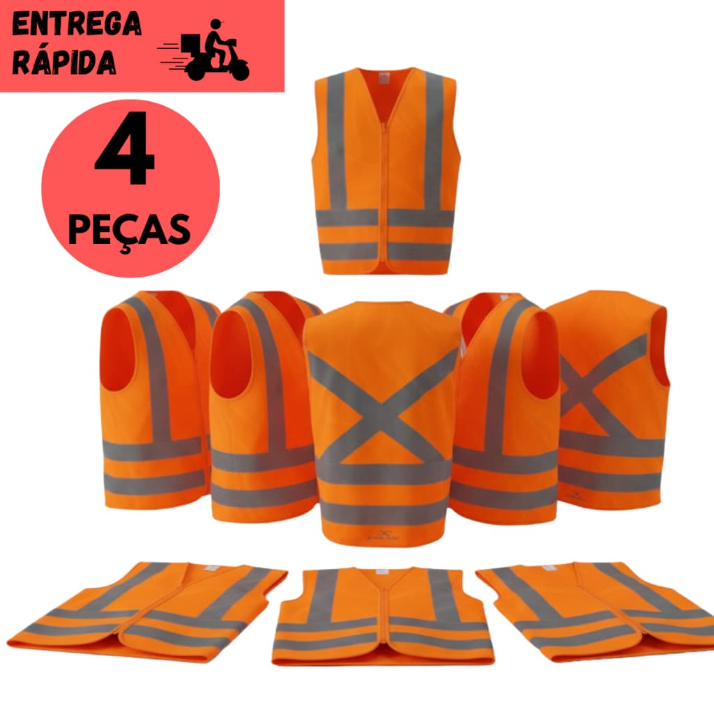 Kits 4 Colete Refletivo ou 2 Pçs com Zíper Sem Bolso Alta Visibilidade Segurança Sinalização Laranja
