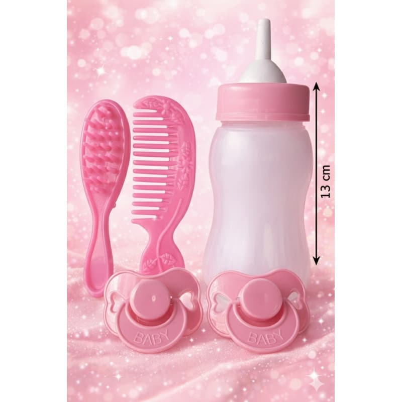 Kit Boneca Reborn /Pente /Escova /Mamadeira 13cm com 2 Chupetas rosa Coração – Acessórios Infantil