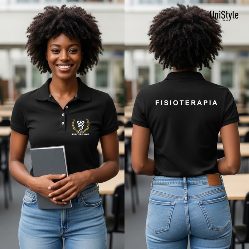 Camisa Gola Polo Fisioterapia Profissões Unissex e Baby Look Brasão em Malha Piquet Premium