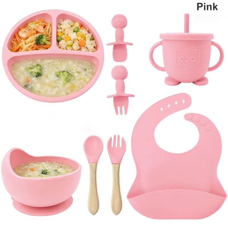 Talheres do Bebê Conjunto 8 Peças Prato De Jantar De Silicone Para Bebês Com Tigela De ventosa Sippy Cup Bibs Colher