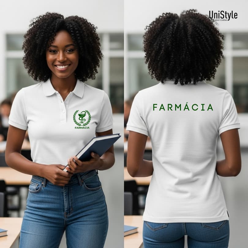 Camisa Gola Polo Farmácia Profissões Unissex e Baby Look Brasão em Malha Piquet Premium