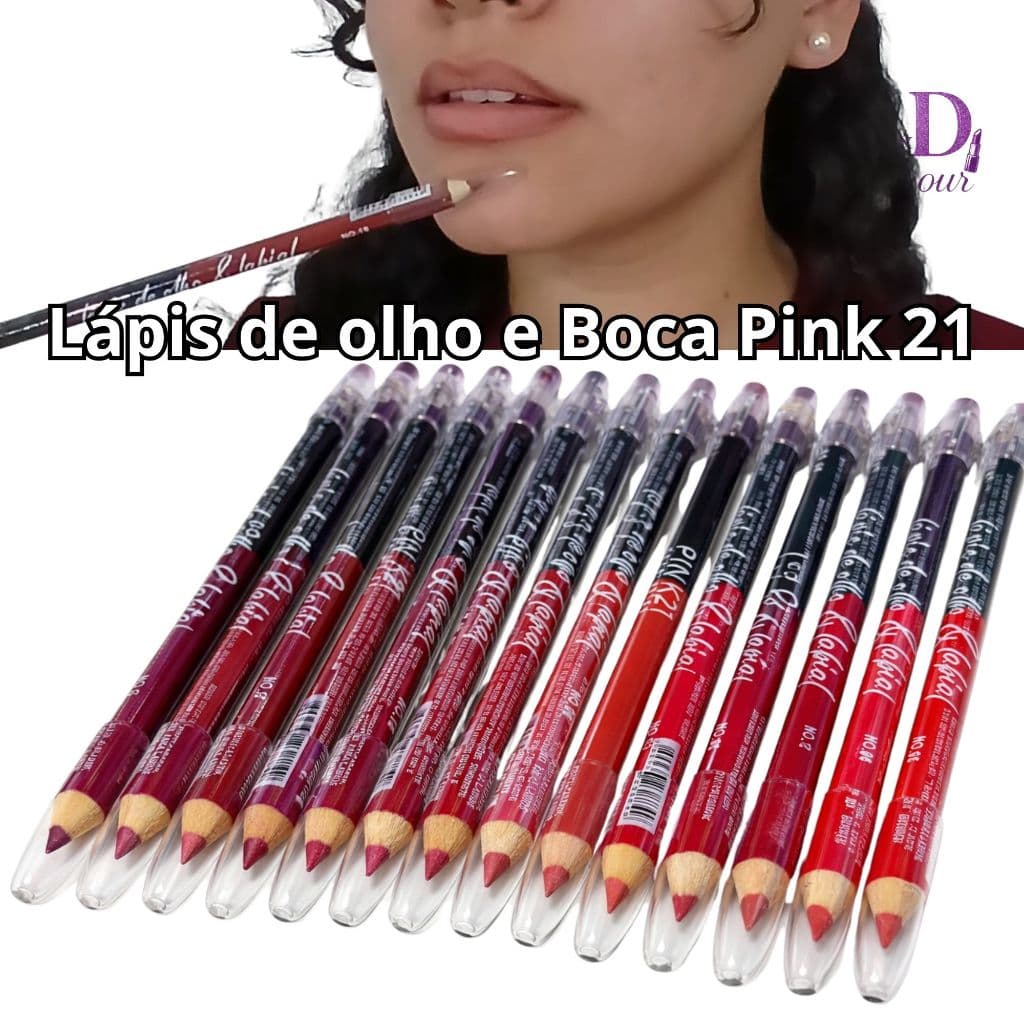 Lápis 2 em 1 Olho e Boca Pink 21 – Preto para Olhos + Tons Variados para Lábios – Alta Pigmentação