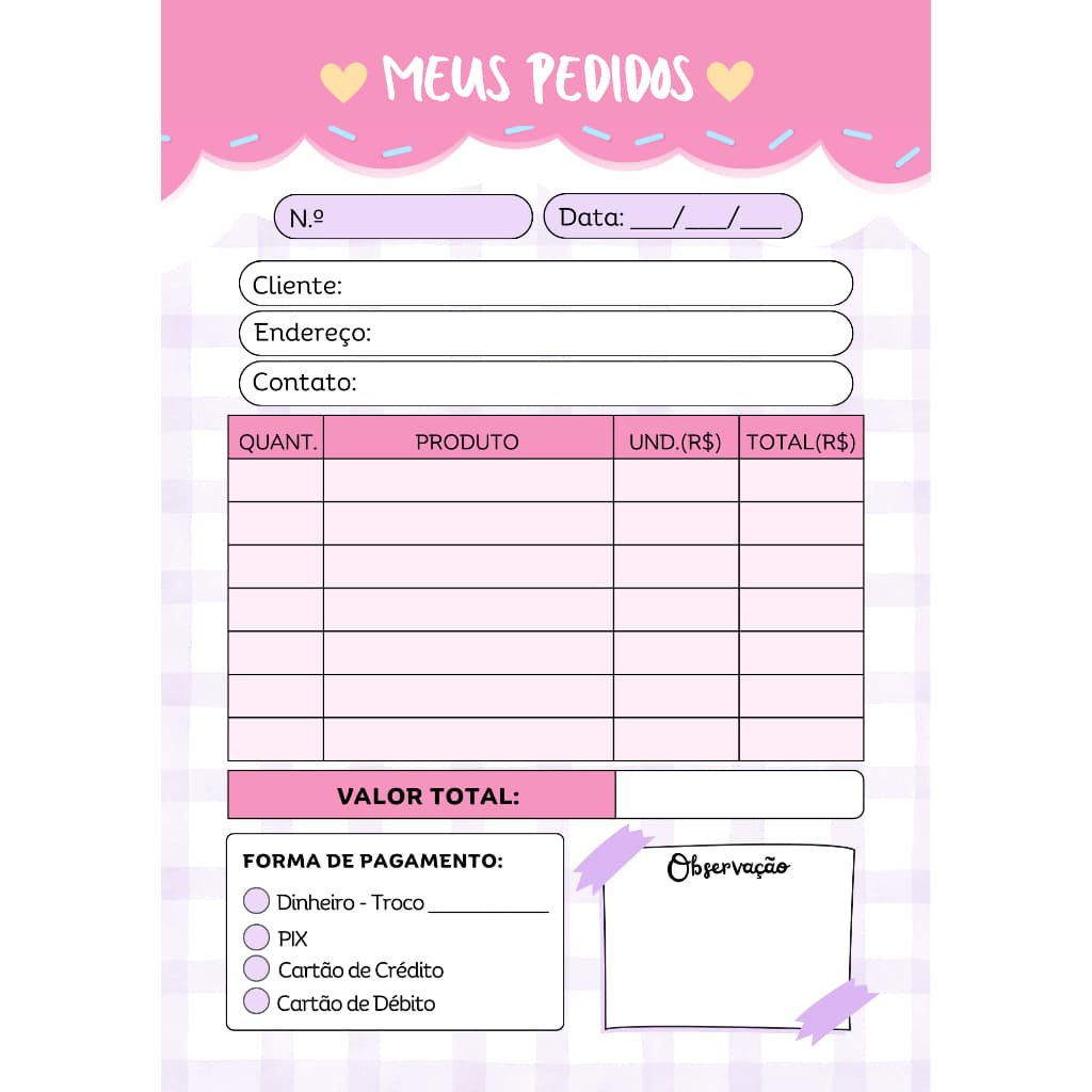Talão de Pedidos Rosa Cute | Bloco de Pedidos Personalizado | Doceria | A5/A6 | 50 folhas