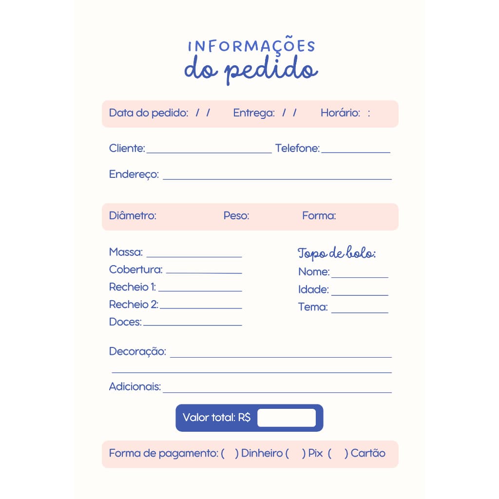 Talão Pedido Confeitaria | Bloco Encomenda de Bolos | Personalizado | A5/A6 | 50 folhas