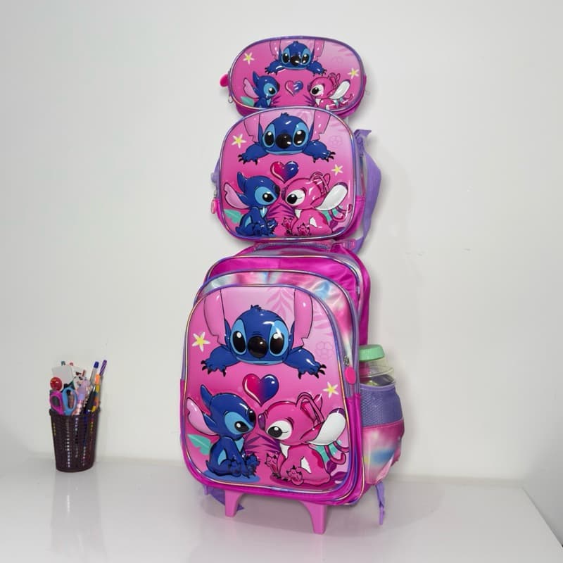 Mochila Escolar de rodinha Stitch MAIS BRILHANTE + Lancheira TÉRMICA + Estojo 3D alto relevo