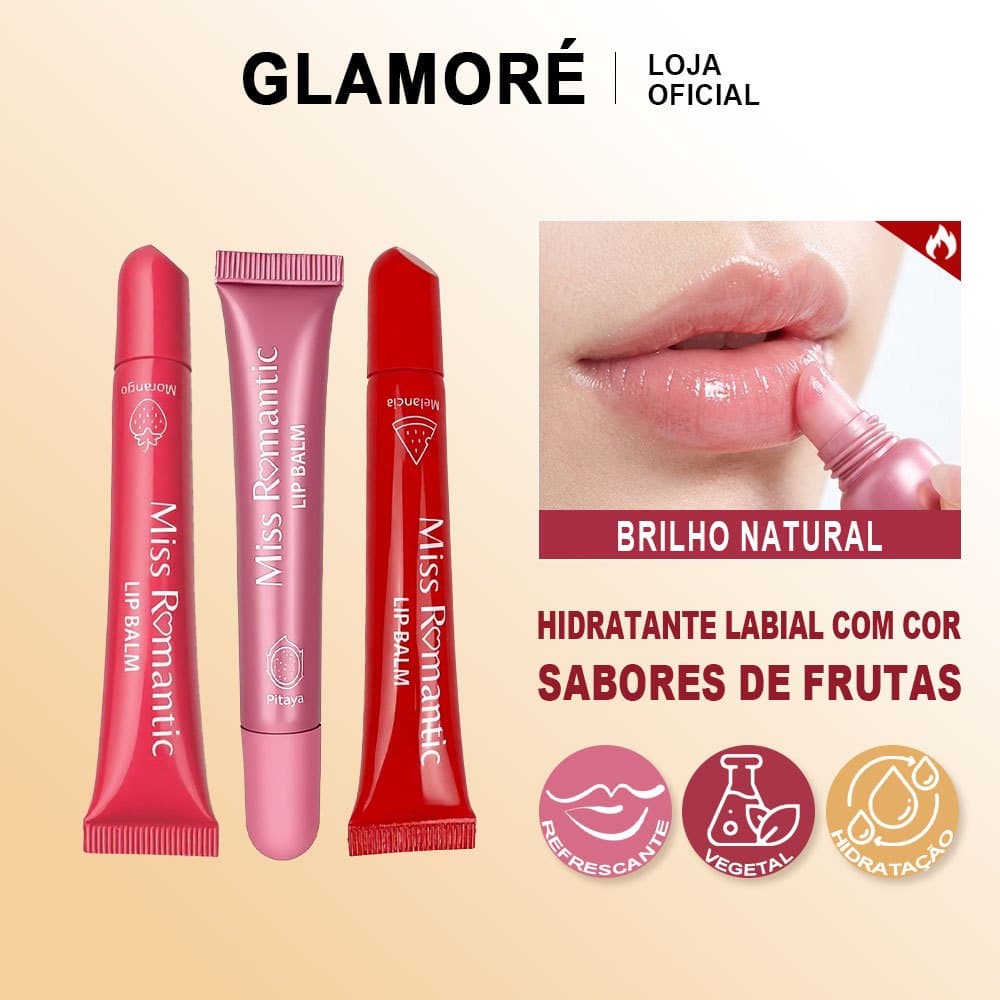 Lip Balm com Cor Miss Romantic | Brilho Natural + Hidratação | Morango Pitaya Melancia