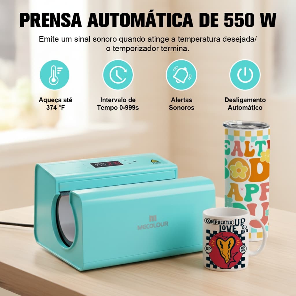 Prensa Térmica Automática para Copos, Prensa Térmica Automática Canecas Squeezes 30oz Azul-turquesa Mecolour