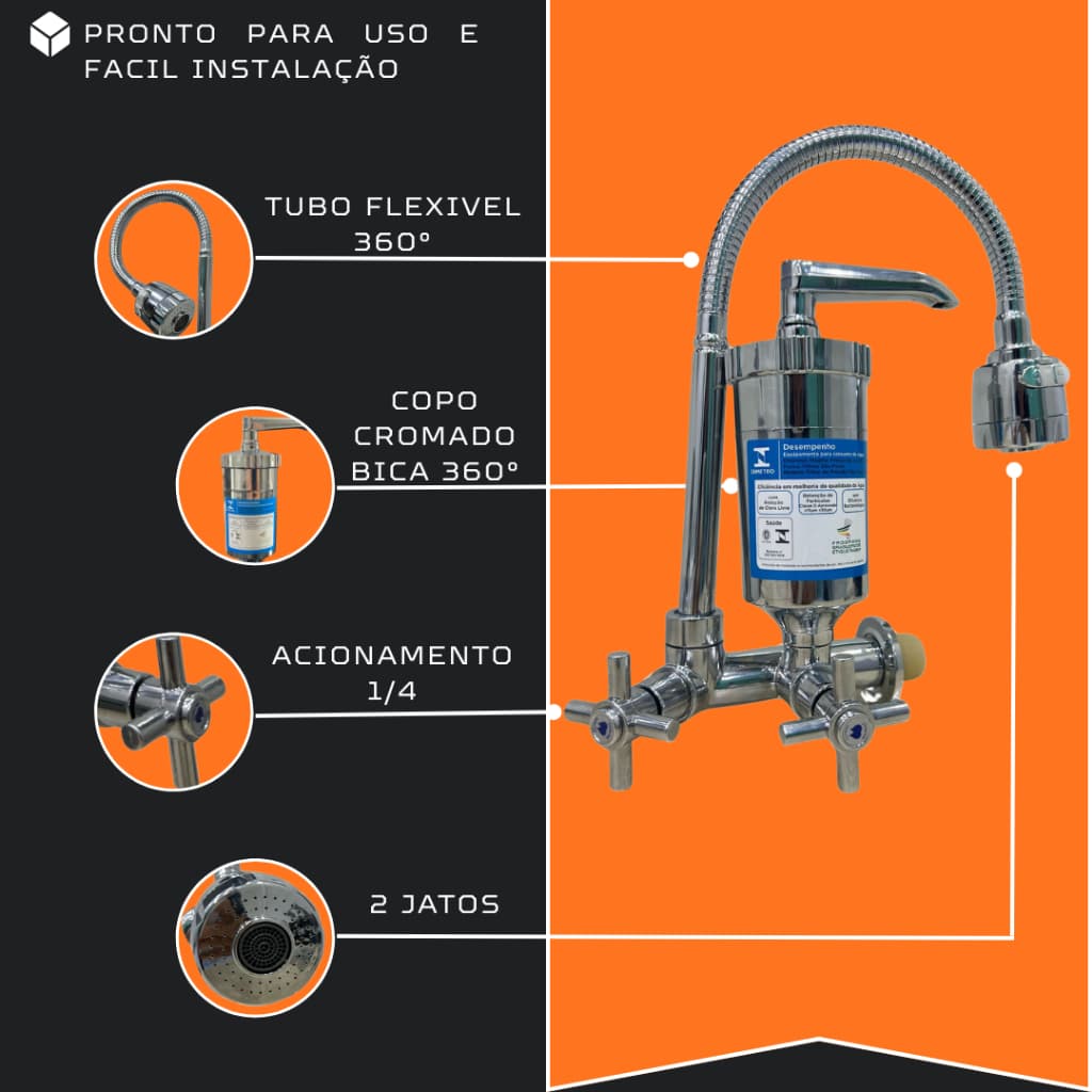 Torneira Gourmet para Pia com Filtro e  Tubo Flexível De 1/4 Volta C-31 Abs