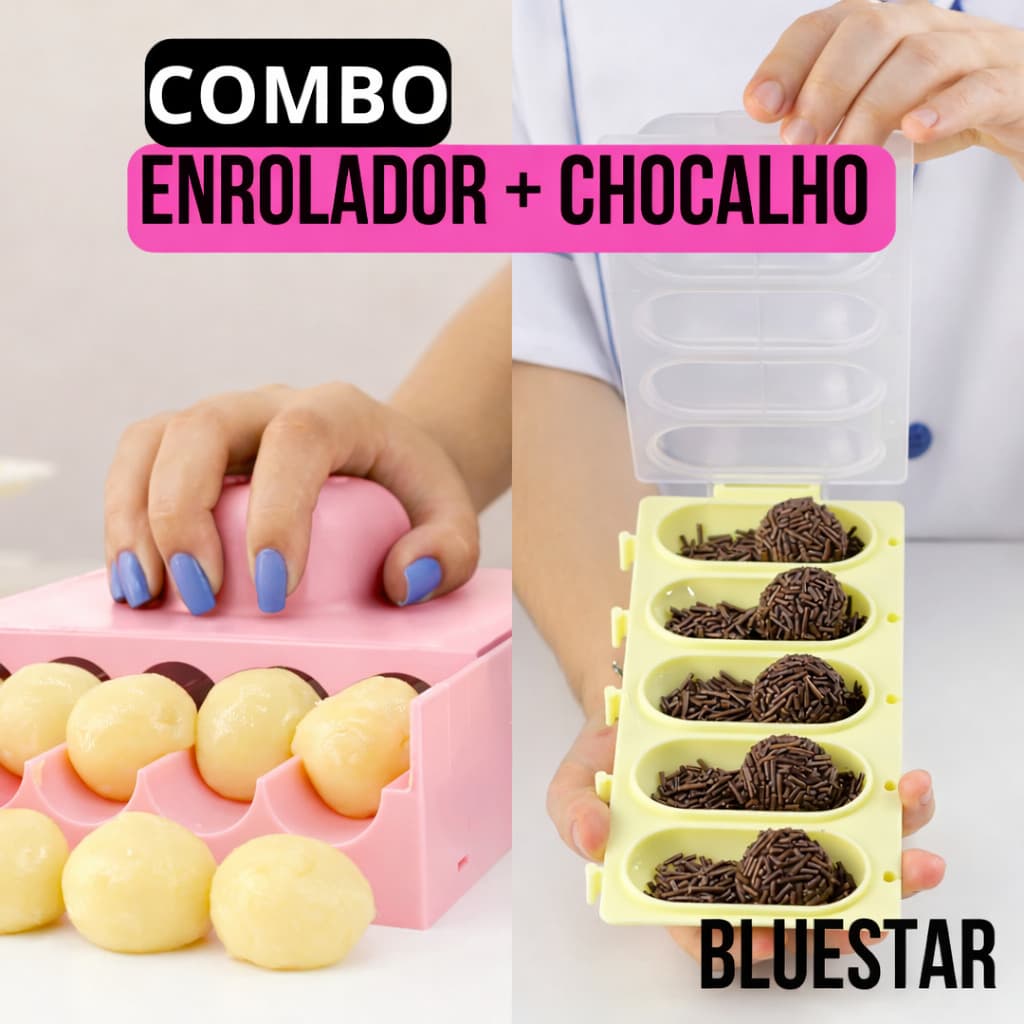 Kit 1 Enrolador de Doces Brigadeiro Beijinho 12/16/20 g + 1 Chocalho boleador Bluestar OFF//