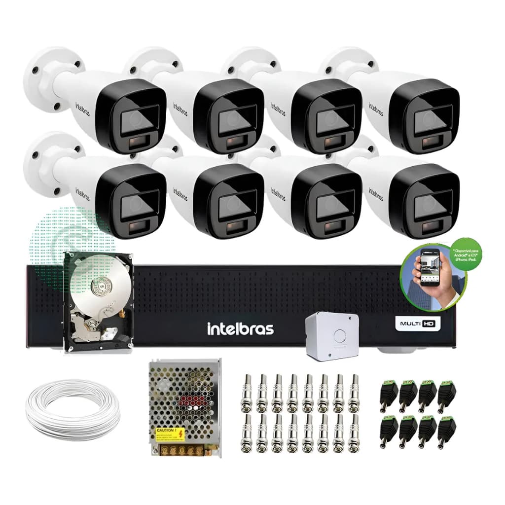 Kit 8 Cam Intelbras 3220 Full Color C/ Audio, Dvr 8ch C/ Hd Branco