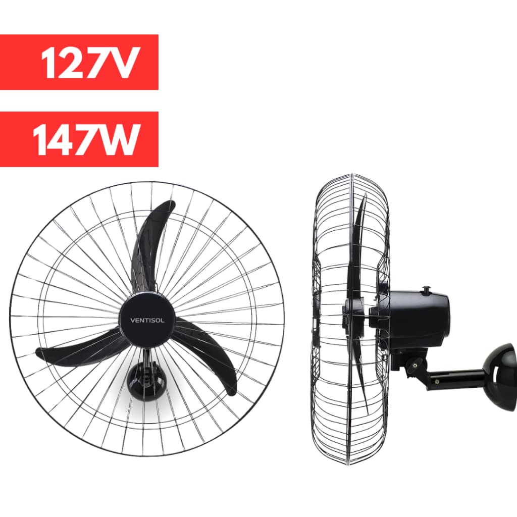 Ventilador de Parede Grade Aço Oscilante Preto 60cm 127V Ventisol Wind 147W Verão Resfriamento