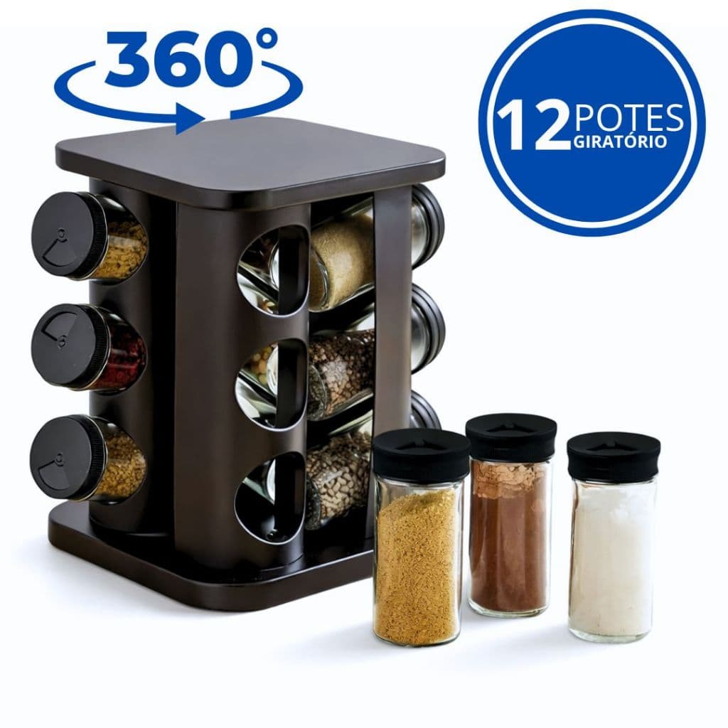 Porta Tempero Condimentos Profissional 12 Potes Vidro 85ml Giratório 360º Organizador Tampa Dosadora PROMOÇAO LIMITADA