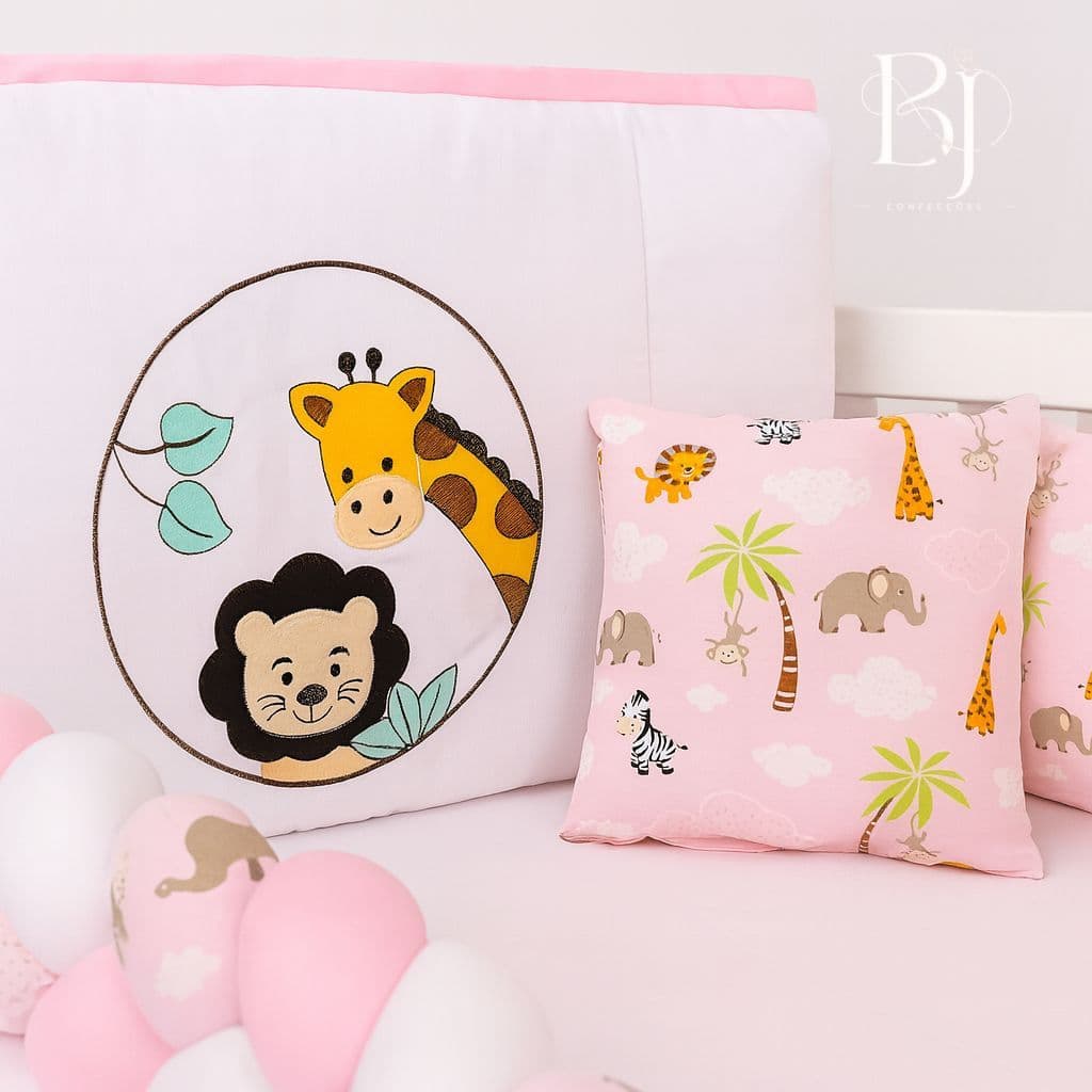 Kit Berço 6 Peças Safari Rosa Menina Enxoval Completo Bebê