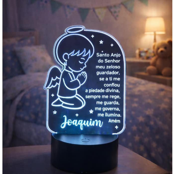 Luminária Abajur Sem Fio Touch Colorido Personalizada Infantil Anjinho com Nome