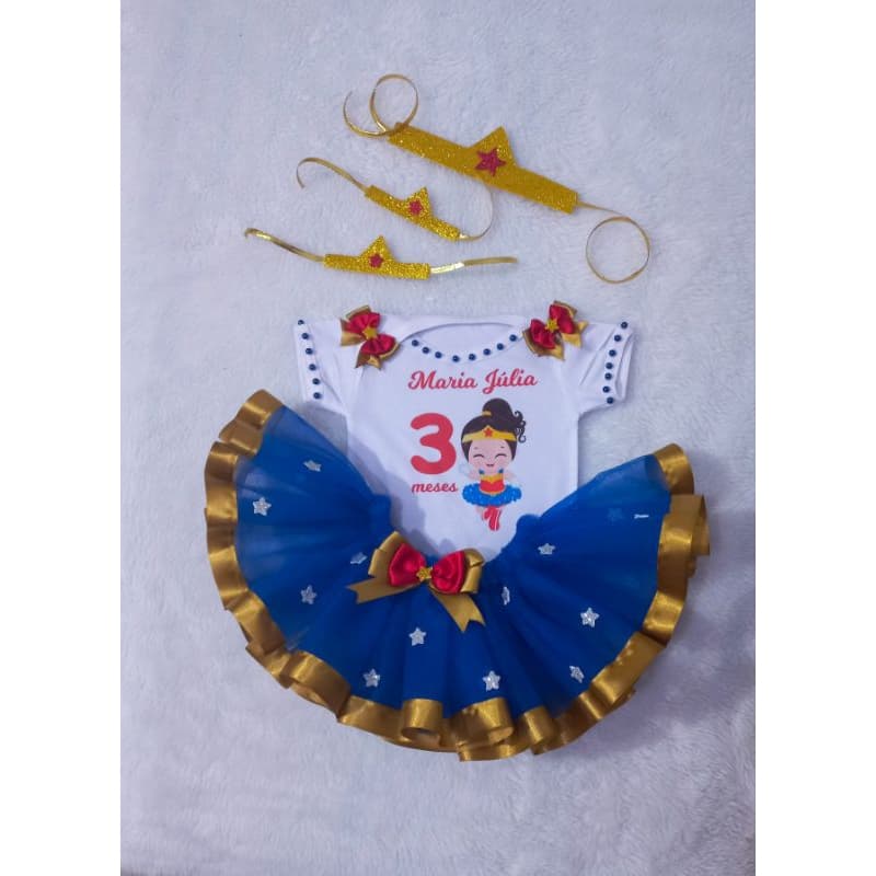 Fantasia Mulher-Maravilha Infantil RN a 4 anos conjunto Completo Body Personalizado Saia de Tutu e Laço de Cabelo