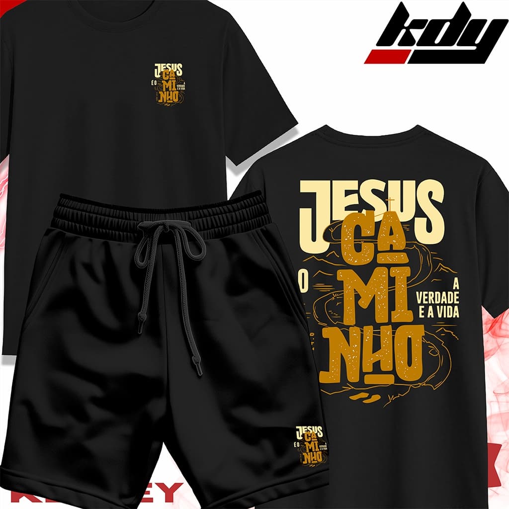 KIT Camisa Streetwear 100% Algodão e Bermuda Mauricinho Estampa JESUS É O CAMINHO