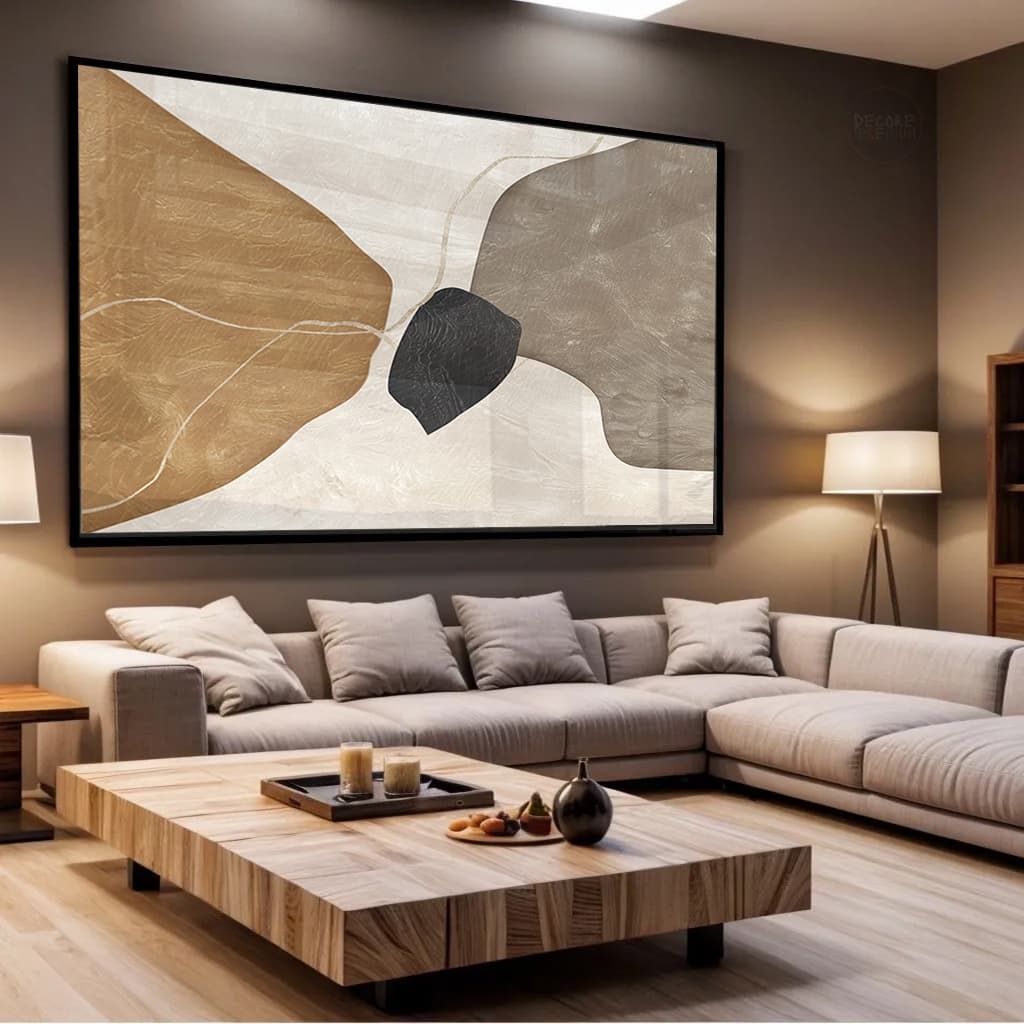 Quadro Decorativo Sala Quarto Tons Neutros Claros e Formas  Orgânicas Horizontal em Tela Canvas