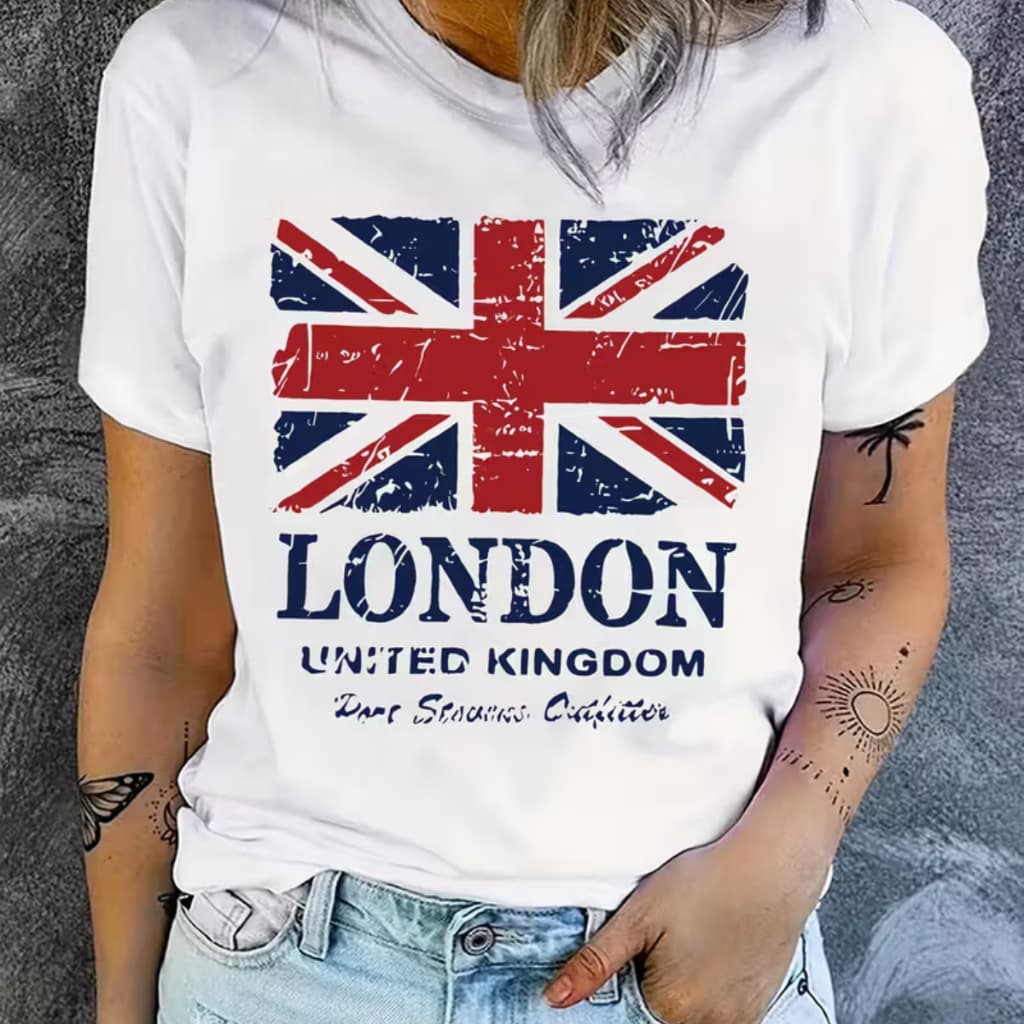 Camiseta Feminina  Bandeira London Lançamento Alta Qualidade Básico Estampa País Alta Qualidade