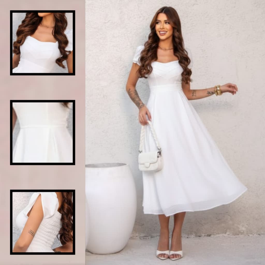 Vestido Feminino Midi Elegante com Babado na Manga, Lastex nas Costas nas Costas, Decote Coração
