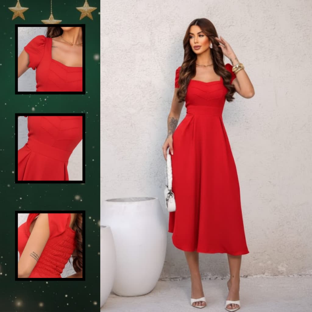 Vestido Feminino Midi Elegante com Babado na Manga, Lastex nas Costas nas Costas, Presente Perfeito