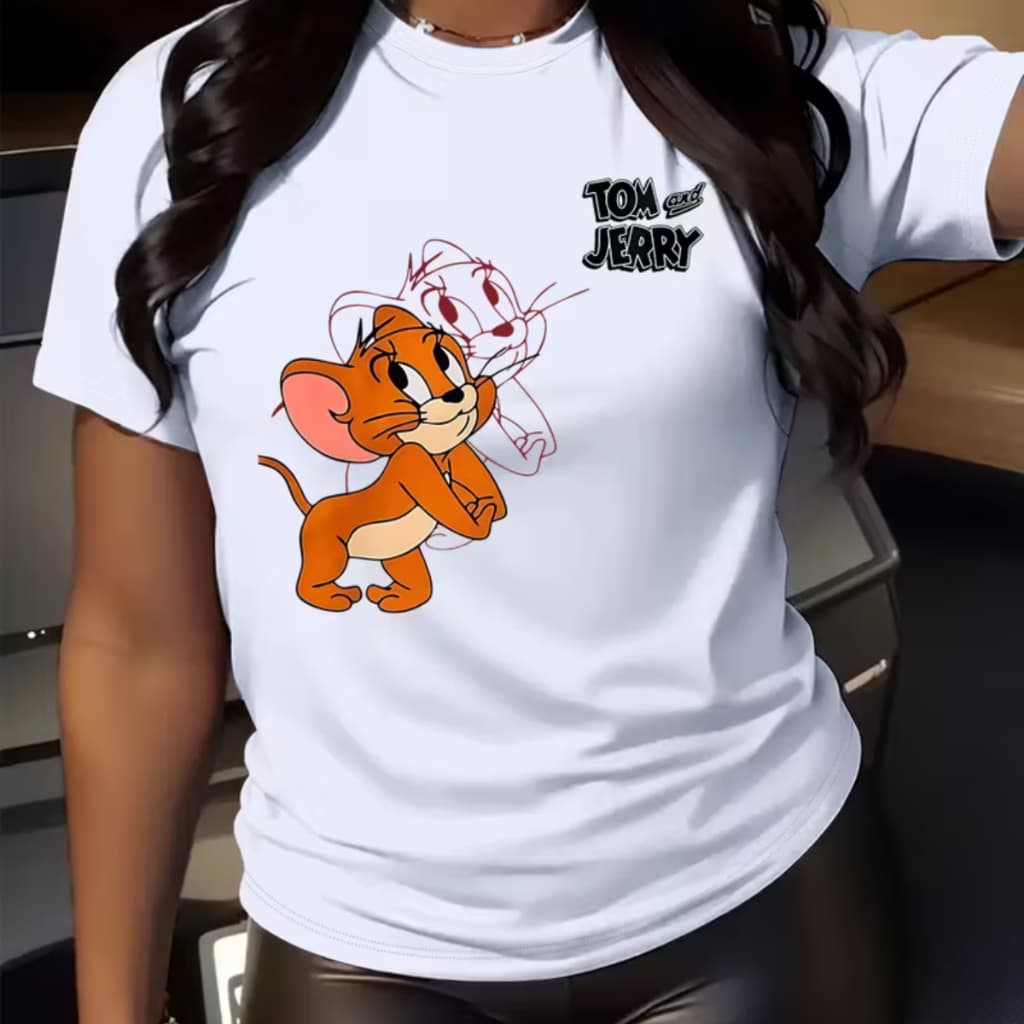 Blusa Feminina Lançamento Básico Cat and Mouse Estampa Divertida Desenho Dia A Dia Simples  Algodão