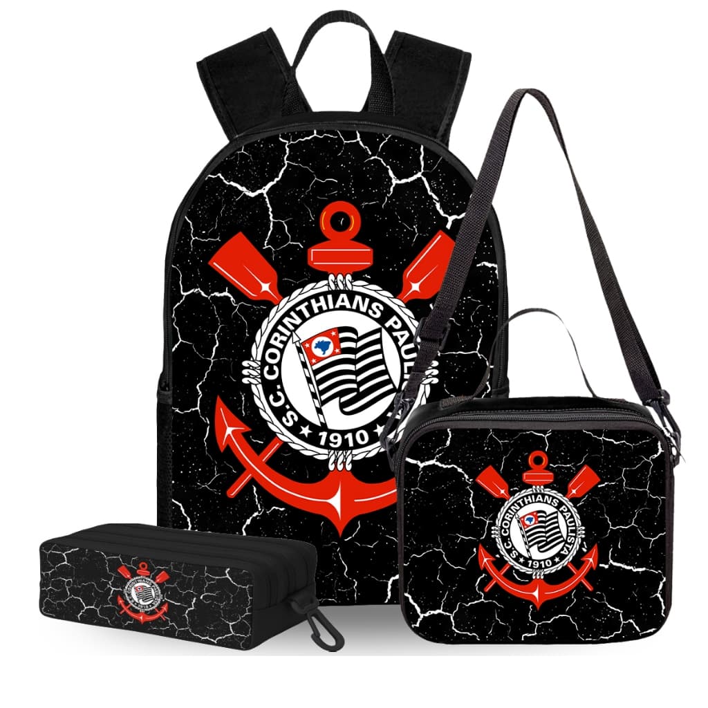 Kit Mochila Media Estojo Lancheira Termica Corinthians Bolsa Escolar Infantil Estampas Resistente Versatil Dia a Dia