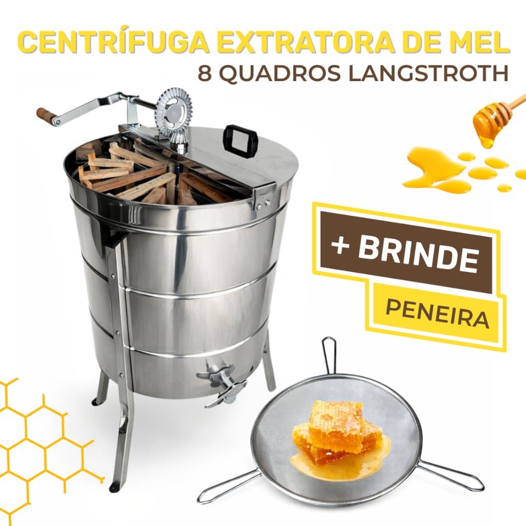 Centrífuga Extratora de Mel 8 Quadros Manual Apicultura Peneira Inox