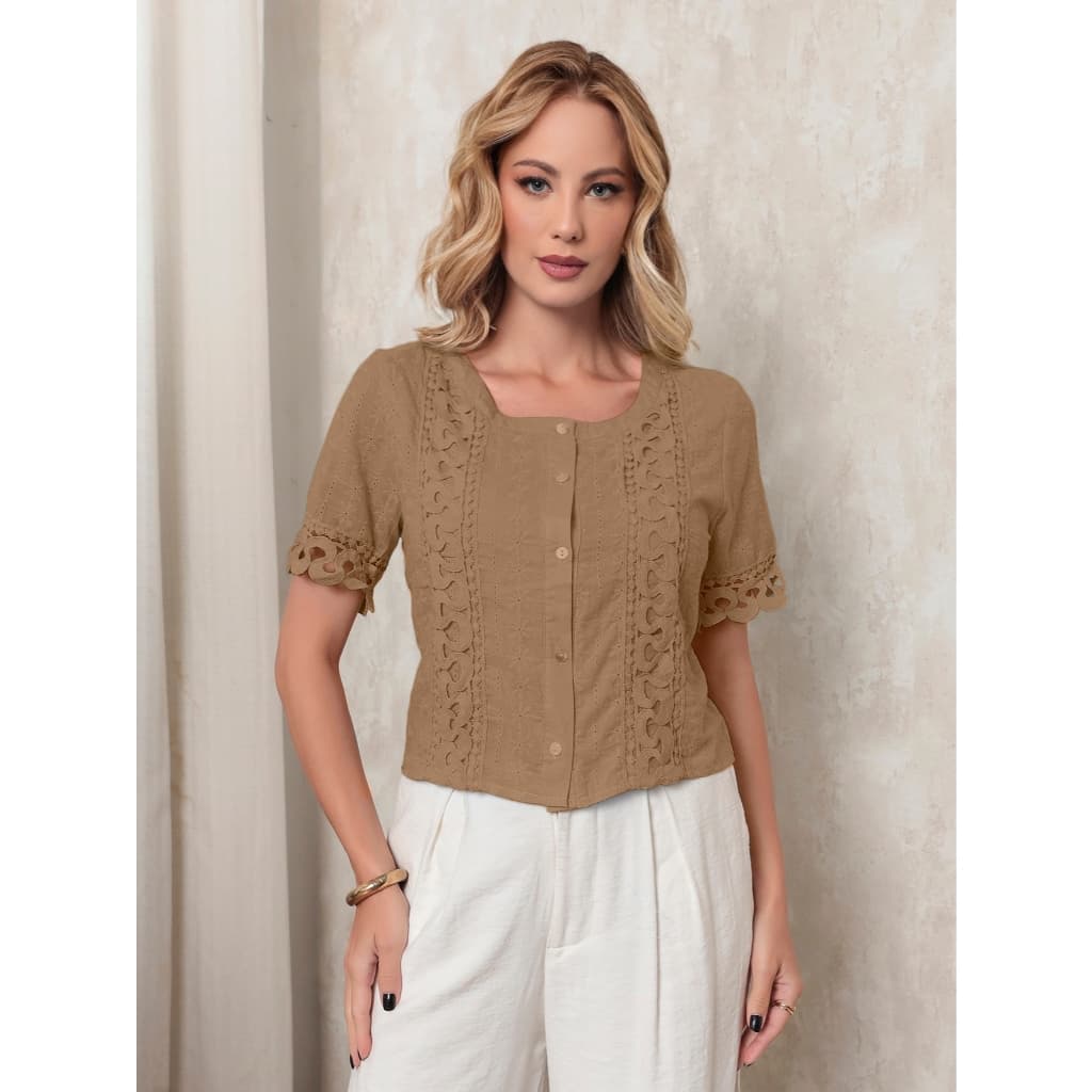 ALETHEIA - BLUSA FEMININA COM FORRO 100% ALGODÃO LAISE MANGAS CURTAS - BLUSINHAS BLUSAS FEMININAS