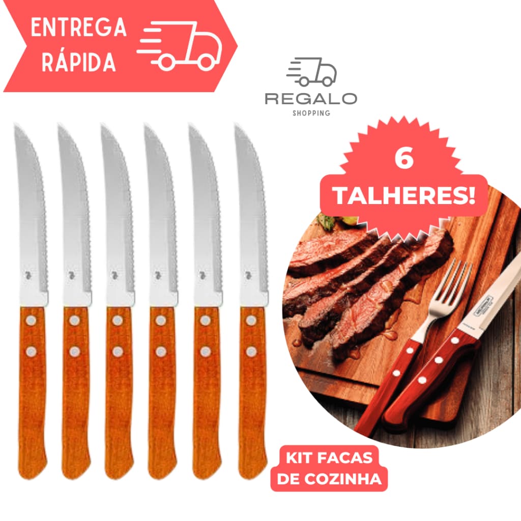 Jogo de 6 Facas Talheres Peças de Metal com Cabo de Madeira Cozinha Louça Talher Almoço