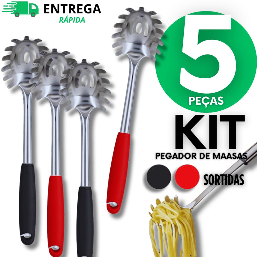 Conjunto 5 Peças Pegador De Massa Macarrão Inox Grande Utensilio De Cozinha Linha Black Premium Multiuso