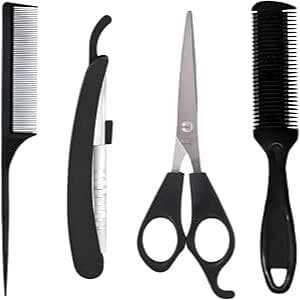 Kit Cabeleireiro Barbeiro Com Tesoura Pente e Navalha Corte Profissional