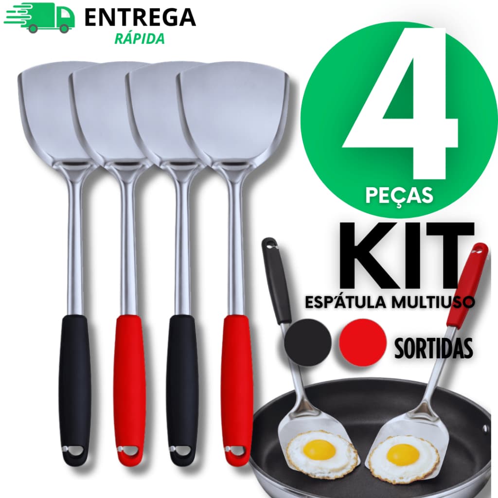 Conjunto 4 Espátula Linha Black Aço Inox para Grelhados Fritura Cozinha Restaurante Ovos Hambúrguer Cabo de Plástico